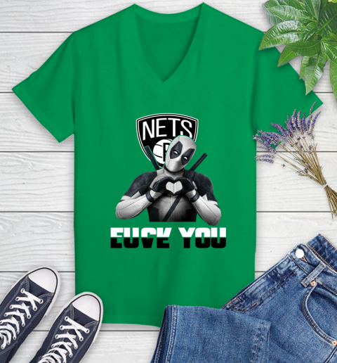 NBA Brooklyn Nets Deadpool Love You Fuck You Basketball Sports Women's V-Neck T-Shirt 5