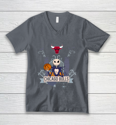 NBA Chicago Bulls Basketball Jack Skellington Halloween V-Neck T-Shirt 4