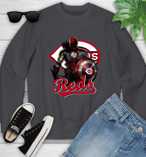 MLB Captain America Thor Spider Man Hawkeye Avengers Endgame Baseball Cincinnati Reds Youth Sweatshirt 6