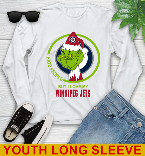 Winnipeg Jets NHL Christmas Grinch I Hate People But I Love My Favorite Hockey Team Youth Long Sleeve