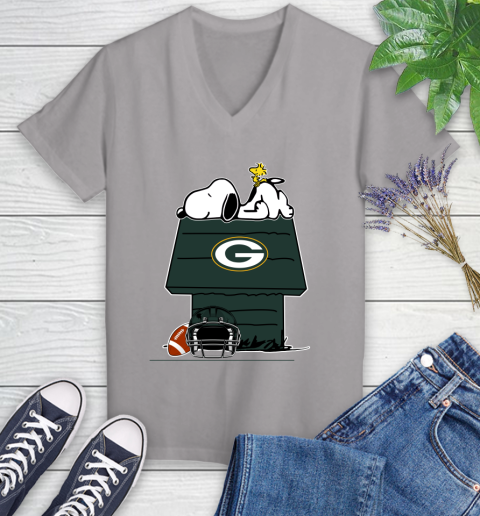 Green Bay Packers NFL Football Snoopy Woodstock The Peanuts Movie Women's V-Neck T-Shirt 4