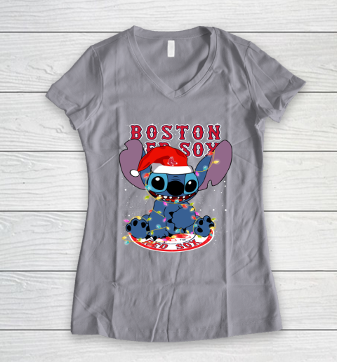 Boston Red Sox MLB noel stitch Baseball Christmas Women's V-Neck T-Shirt 2