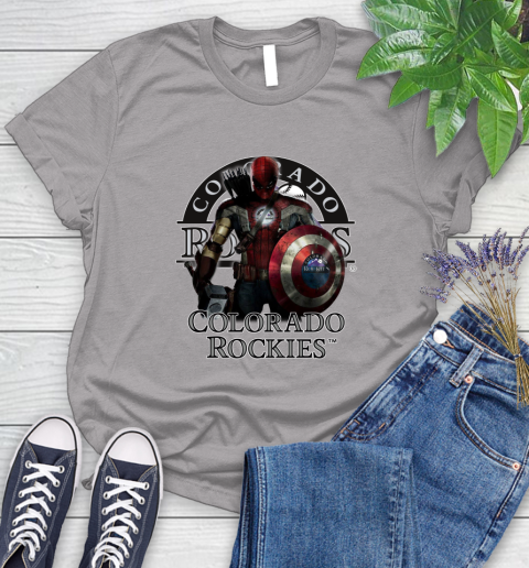 MLB Captain America Thor Spider Man Hawkeye Avengers Endgame Baseball Colorado Rockies Women's T-Shirt 5