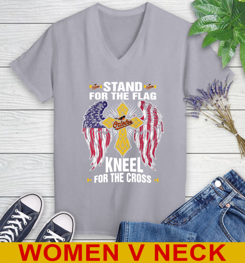 MLB Baseball Baltimore Orioles Stand For Flag Kneel For The Cross Shirt Women's V-Neck T-Shirt 4