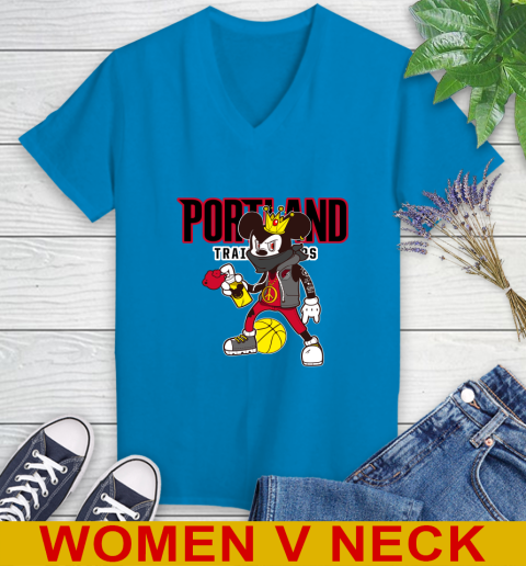 Portland Trail Blazers NBA Basketball Mickey Peace Sign Sports Women's V-Neck T-Shirt 8