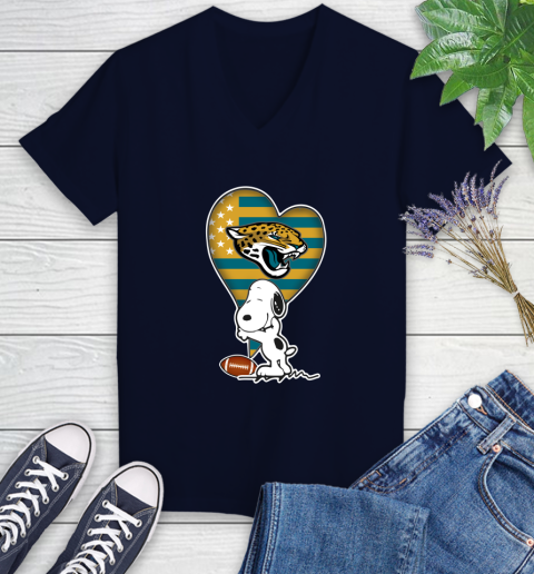 Jacksonville Jaguars NFL Football The Peanuts Movie Adorable Snoopy Women's V-Neck T-Shirt 3