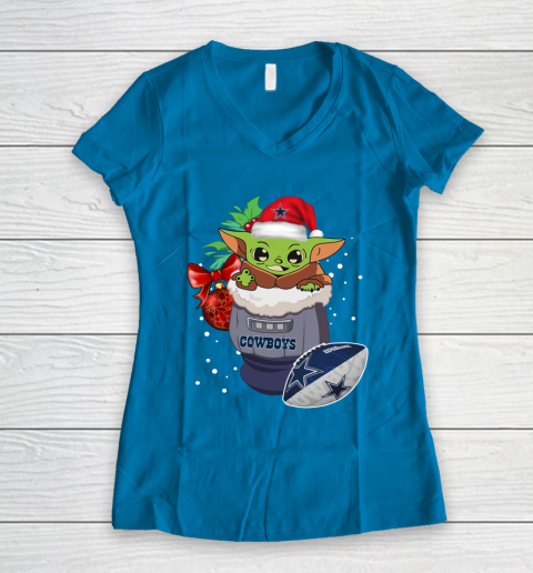Dallas Cowboys Christmas Baby Yoda Star Wars Funny Happy NFL Women's V-Neck T-Shirt 7