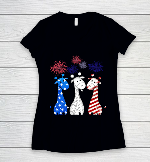 Independence Day 4th Of July Cute Patriotic Giraffe with American Flag Women's V-Neck T-Shirt