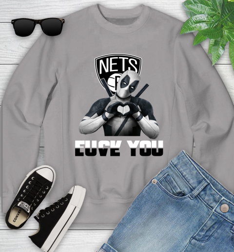 NBA Brooklyn Nets Deadpool Love You Fuck You Basketball Sports Youth Sweatshirt 3
