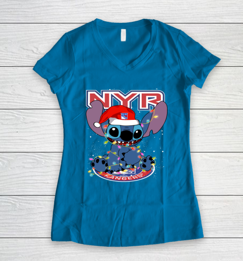New York Rangers NHL Hockey noel stitch Christmas Women's V-Neck T-Shirt 4