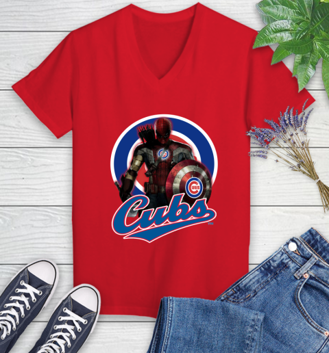 MLB Captain America Thor Spider Man Hawkeye Avengers Endgame Baseball Chicago Cubs Women's V-Neck T-Shirt 12