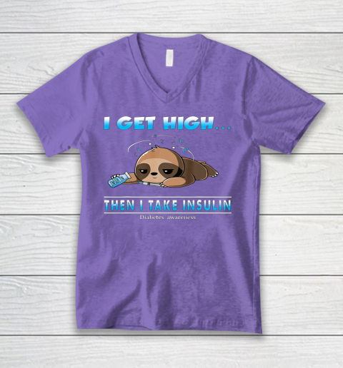 Sloth I Get High Then I Take Insulin Diabetes Awareness V-Neck T-Shirt 8
