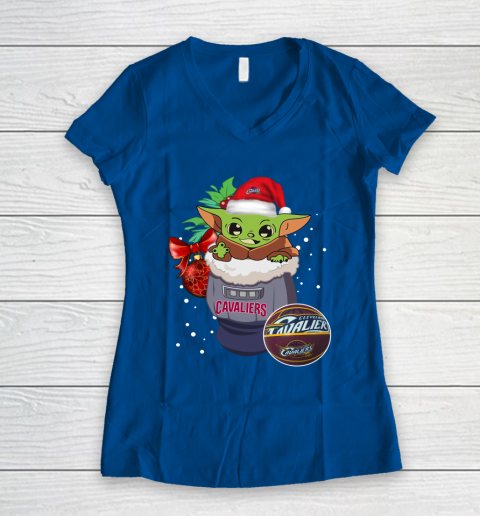 Cleveland Cavaliers Christmas Baby Yoda Star Wars Funny Happy NBA Women's V-Neck T-Shirt 9