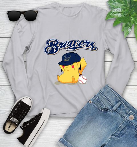 MLB Pikachu Baseball Sports Milwaukee Brewers Youth Long Sleeve 5
