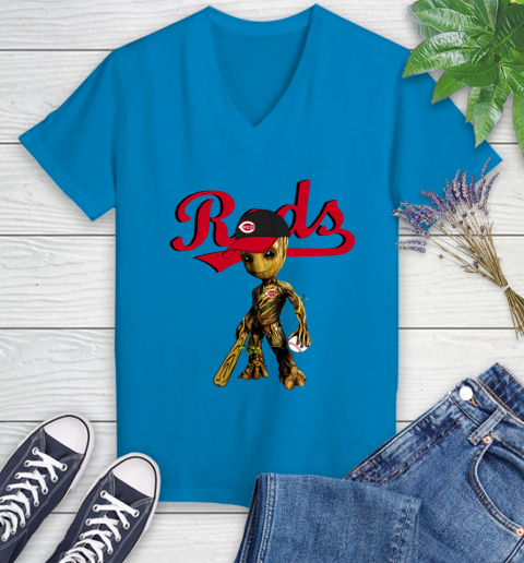 MLB Cincinnati Reds Groot Guardians Of The Galaxy Baseball Women's V-Neck T-Shirt 7