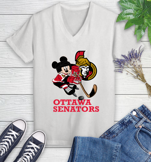 NHL Ottawa Senators Mickey Mouse Disney Hockey T Shirt Women's V-Neck T-Shirt