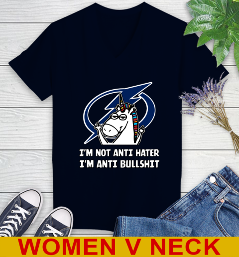 Tampa Bay Lightning NHL Hockey Unicorn I'm Not Anti Hater I'm Anti Bullshit Women's V-Neck T-Shirt 3
