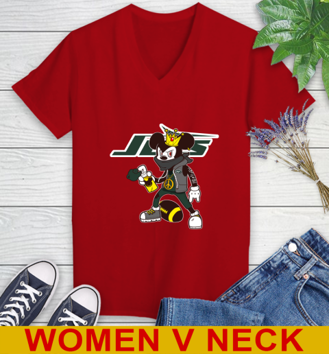 New York Jets NFL Football Mickey Peace Sign Sports Women's V-Neck T-Shirt 12