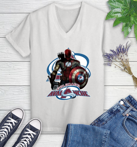 NHL Captain America Thor Spider Man Hawkeye Avengers Endgame Hockey Colorado Avalanche Women's V-Neck T-Shirt