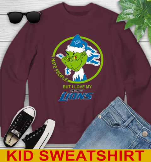 Detroit Lions NFL Christmas Grinch I Hate People But I Love My Favorite Football Team Youth Sweatshirt 5