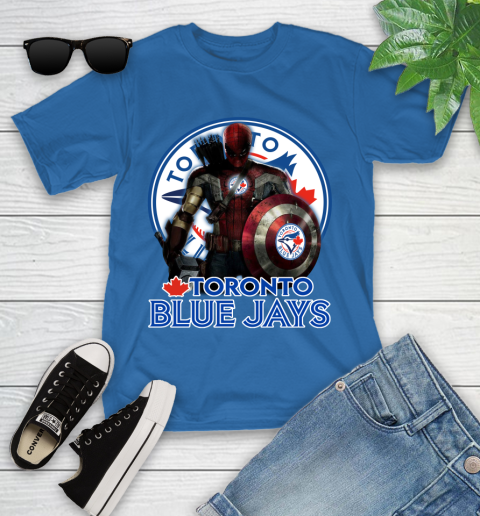 MLB Captain America Thor Spider Man Hawkeye Avengers Endgame Baseball Toronto Blue Jays Youth T-Shirt 9