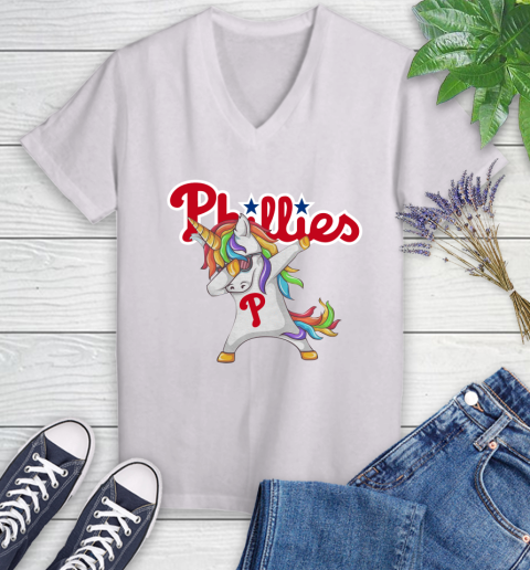 Philadelphia Phillies MLB Baseball Funny Unicorn Dabbing Sports Women's V-Neck T-Shirt