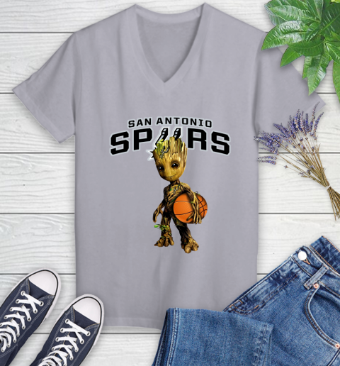 San Antonio Spurs NBA Basketball Groot Marvel Guardians Of The Galaxy Women's V-Neck T-Shirt 4
