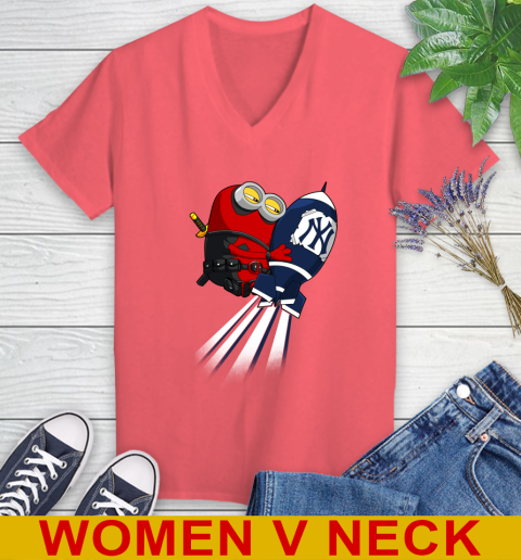 MLB Baseball New York Yankees Deadpool Minion Marvel Shirt Women's V-Neck T-Shirt 6