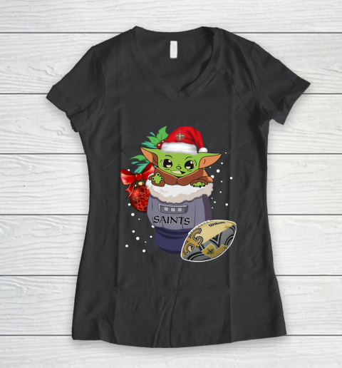 New Orleans Saints Christmas Baby Yoda Star Wars Funny Happy NFL Women's V-Neck T-Shirt 8