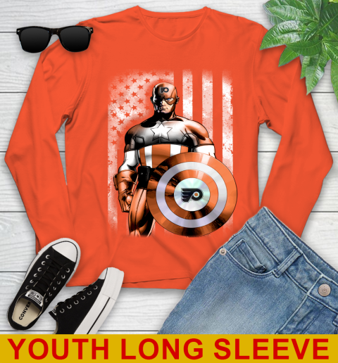 Philadelphia Flyers NHL Hockey Captain America Marvel Avengers American Flag Shirt Youth Long Sleeve 3