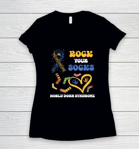 Down Syndrome Awareness Rock Your Socks Women's V-Neck T-Shirt