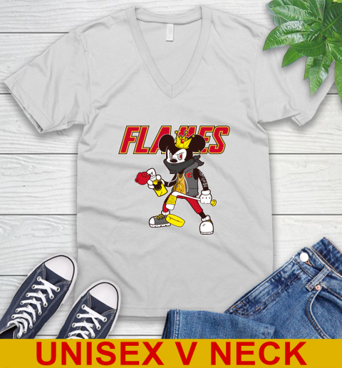 Calgary Flames NHL Hockey Mickey Peace Sign Sports V-Neck T-Shirt
