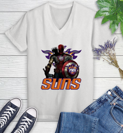 Phoenix Suns NBA Basketball Captain America Thor Spider Man Hawkeye Avengers Women's V-Neck T-Shirt