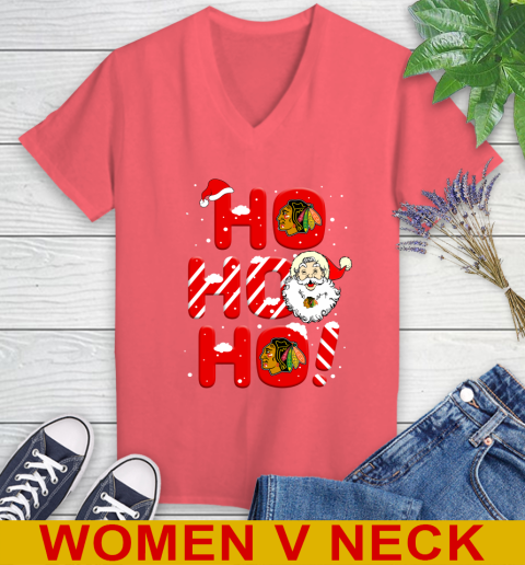 Chicago Blackhawks NHL Hockey Ho Ho Ho Santa Claus Merry Christmas Shirt Women's V-Neck T-Shirt 6