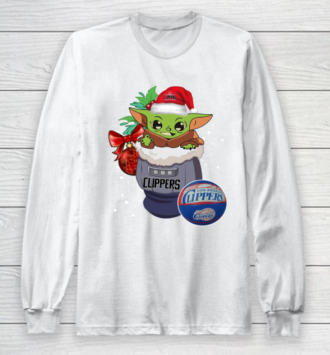 LA Clippers Christmas Baby Yoda Star Wars Funny Happy NBA Long Sleeve T-Shirt 2