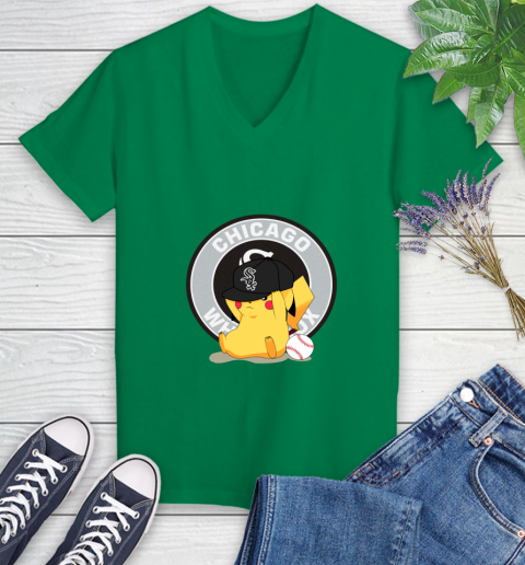 MLB Pikachu Baseball Sports Chicago White Sox Women's V-Neck T-Shirt 5