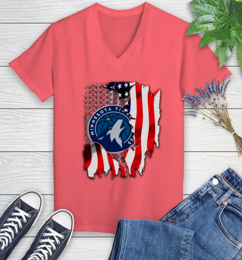 Minnesota Timberwolves NBA Basketball American Flag Women's V-Neck T-Shirt 6
