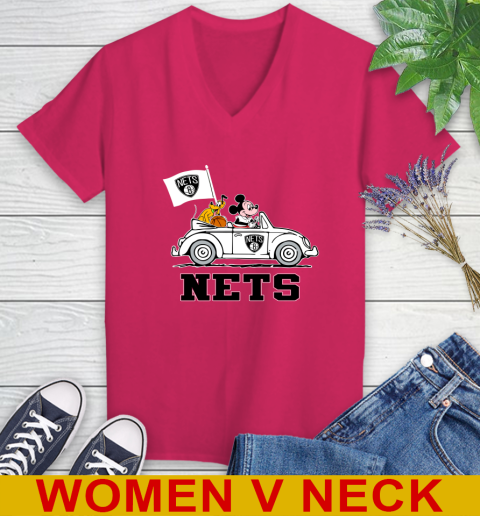 NBA Basketball Brooklyn Nets Pluto Mickey Driving Disney Shirt Women's V-Neck T-Shirt 10
