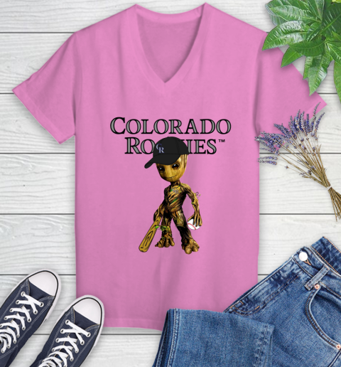 MLB Colorado Rockies Groot Guardians Of The Galaxy Baseball Women's V-Neck T-Shirt 14