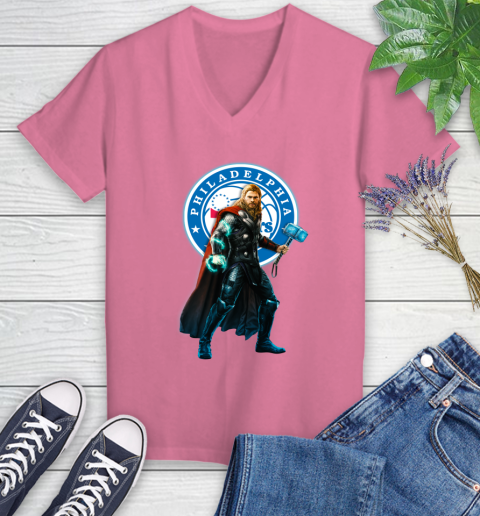 NBA Thor Avengers Endgame Basketball Philadelphia 76ers Women's V-Neck T-Shirt 13