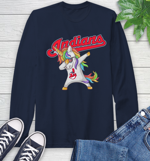 Cleveland Indians MLB Baseball Funny Unicorn Dabbing Sports Long Sleeve T-Shirt 4