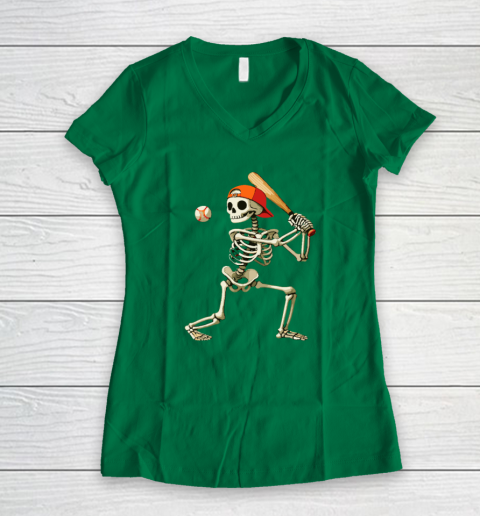 Skeleton Baseball Halloween Costume Funny Women's V-Neck T-Shirt 3