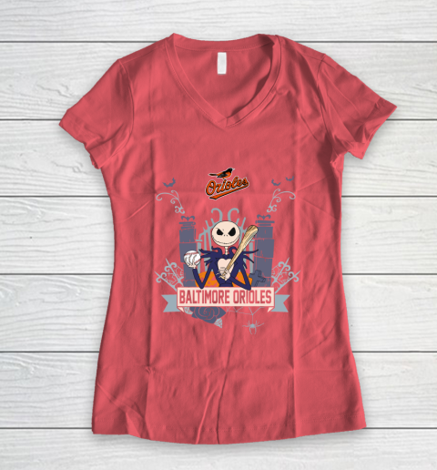 MLB Baltimore Orioles Baseball Jack Skellington Halloween Women's V-Neck T-Shirt - Image 5