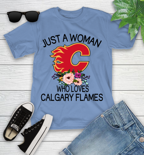 NHL Just A Woman Who Loves Calgary Flames Hockey Sports Youth T-Shirt 9