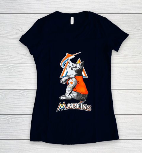 MLB Baseball My Cat Loves Miami Marlins Women's V-Neck T-Shirt 2