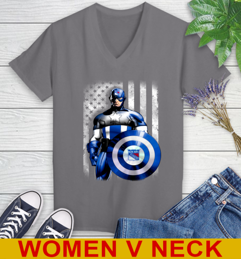 New York Rangers NHL Hockey Captain America Marvel Avengers American Flag Shirt Women's V-Neck T-Shirt 11