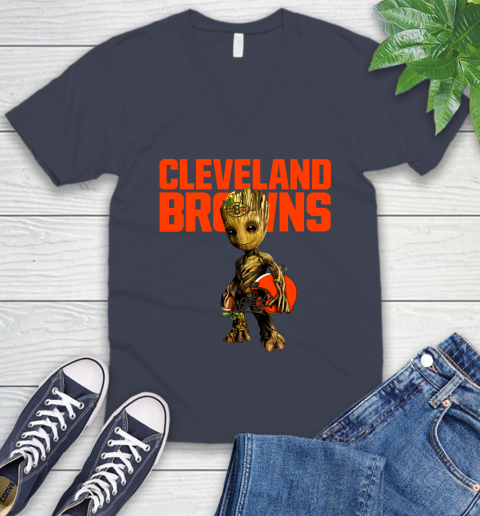 Cleveland Browns NFL Football Groot Marvel Guardians Of The Galaxy V-Neck T-Shirt 9