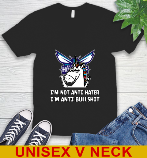 Charlotte Hornets NBA Basketball Unicorn I'm Not Anti Hater I'm Anti Bullshit V-Neck T-Shirt 2