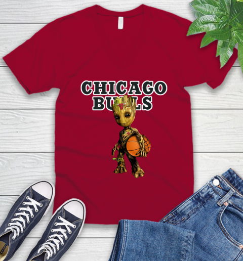 Chicago Bulls NBA Basketball Groot Marvel Guardians Of The Galaxy V-Neck T-Shirt 8