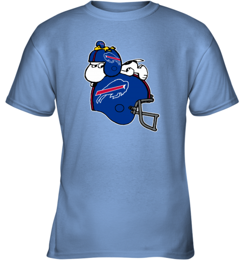 4469 snoopy and woodstock resting on buffalo bills helmet youth t shirt 26 front carolina blue